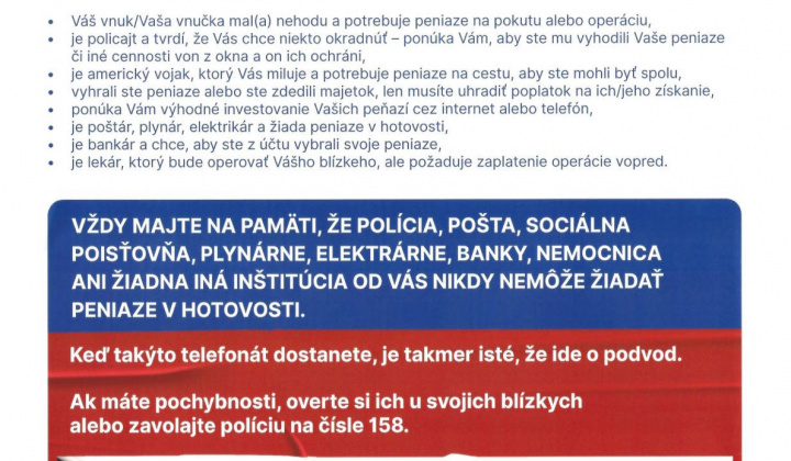 1. fotografia fotogalérie Aktuality / Milé seniorky, milí seniori NEDAJTE SA OKLAMAŤ PODVODNÍKMI !!! - foto