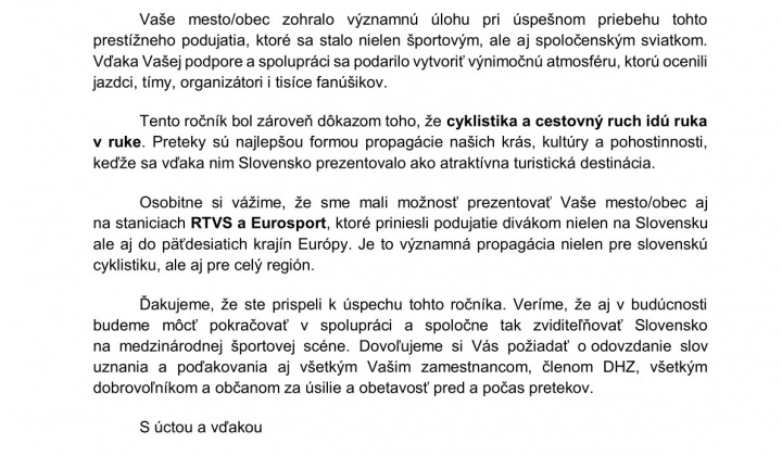 Fotka - Poďakovanie Slovenského zväzu cyklistiky 69. ročníka Medzinárodných cyklistických pretekov Okolo Slovenska