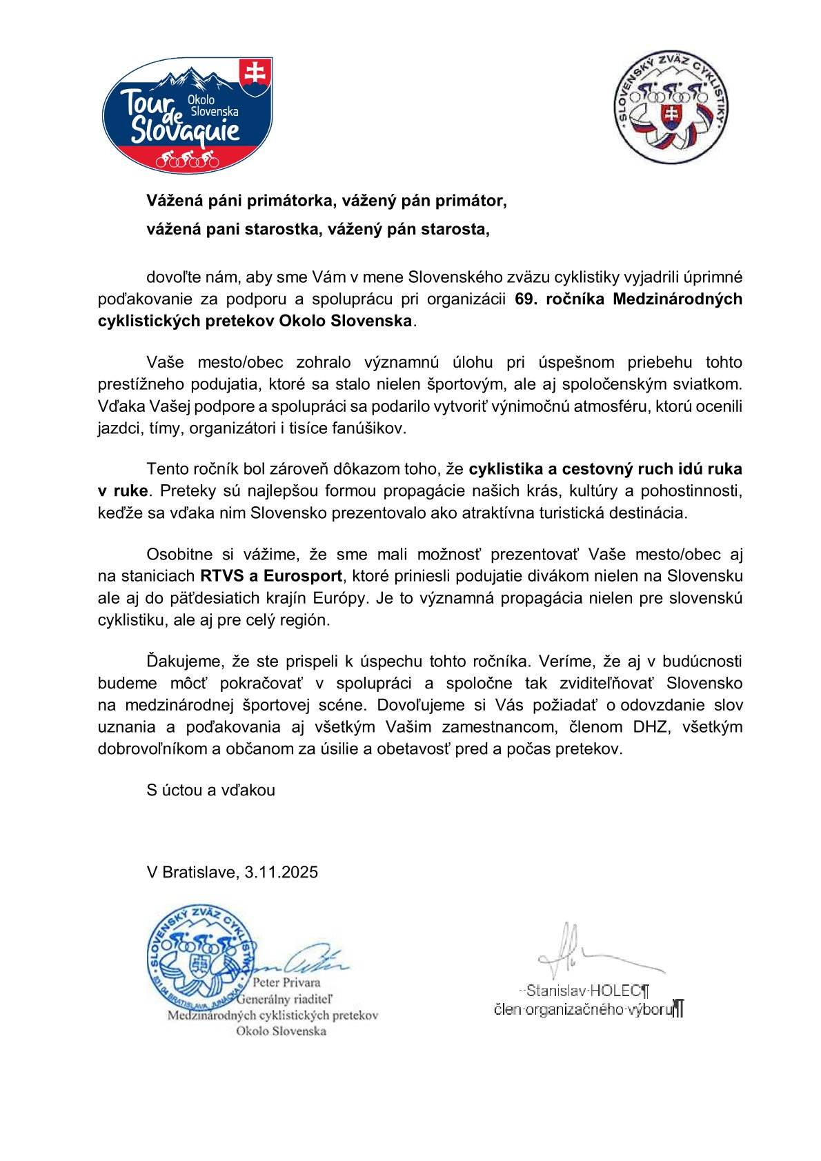 Fotka - Poďakovanie Slovenského zväzu cyklistiky 69. ročníka Medzinárodných cyklistických pretekov Okolo Slovenska